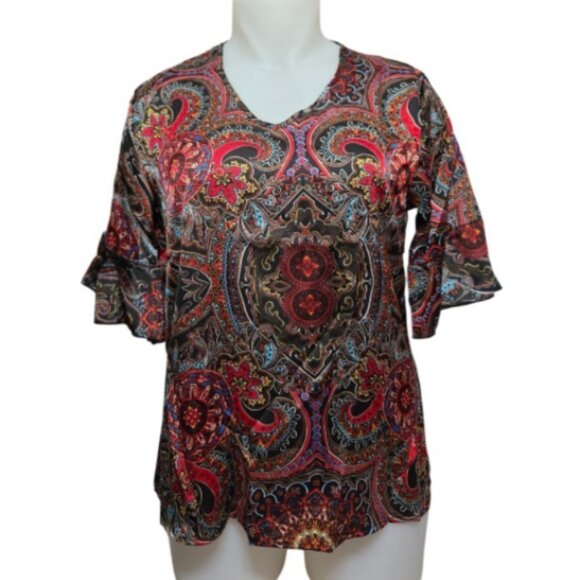 Floral & Geometric Design V-Neck Ruffled Sleeve Bohemian Women Blouse (XL) NEW - Picture 11 of 13